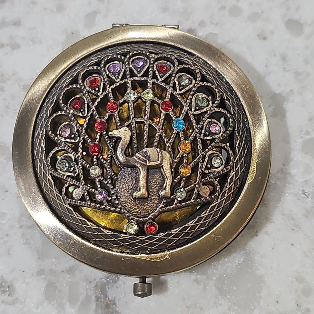Vintage Peacock Camel Compact Mirror Brass Rhinestone Purse Makeup Pocket Travel